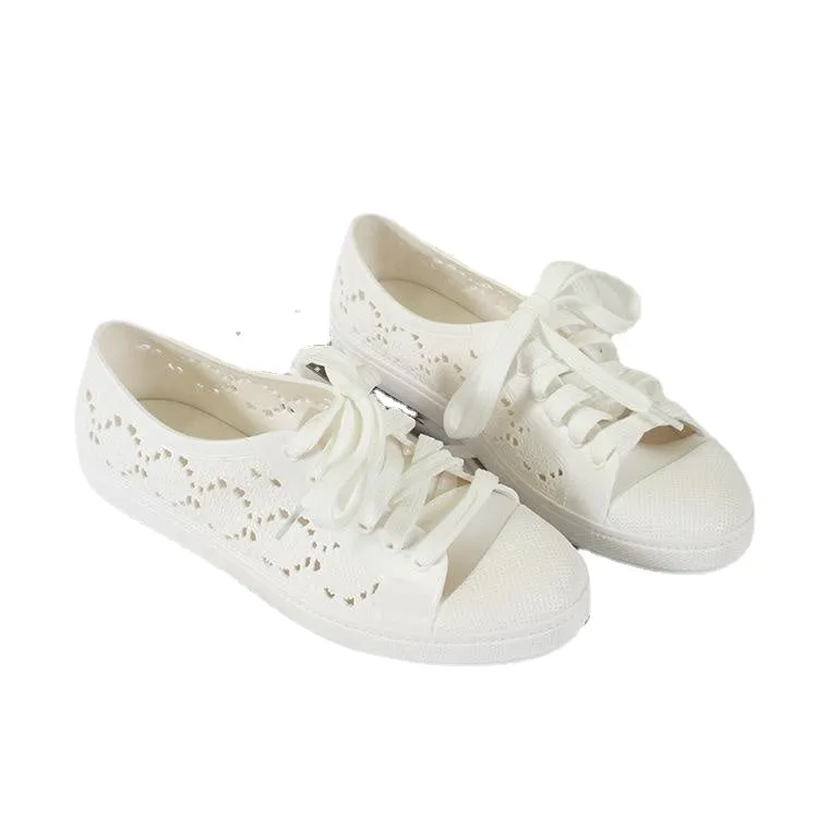 new fashion low-top shoes casual flat solid color hollow strap white shoes 2024