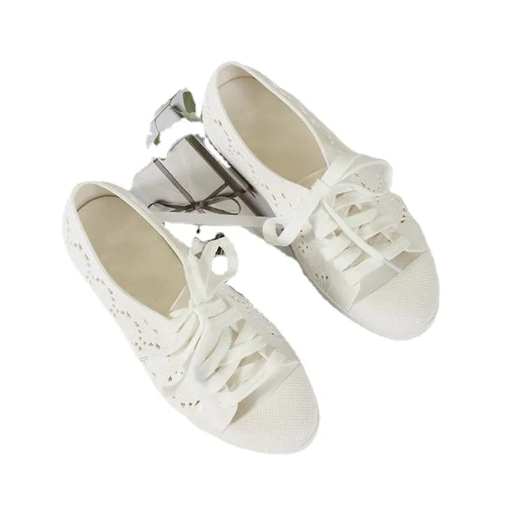 new fashion low-top shoes casual flat solid color hollow strap white shoes 2024