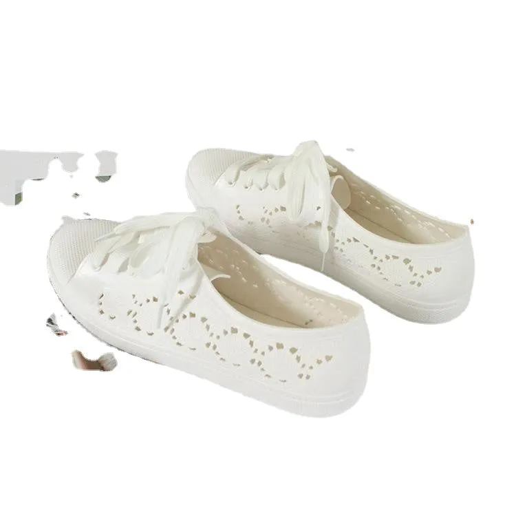 new fashion low-top shoes casual flat solid color hollow strap white shoes 2024