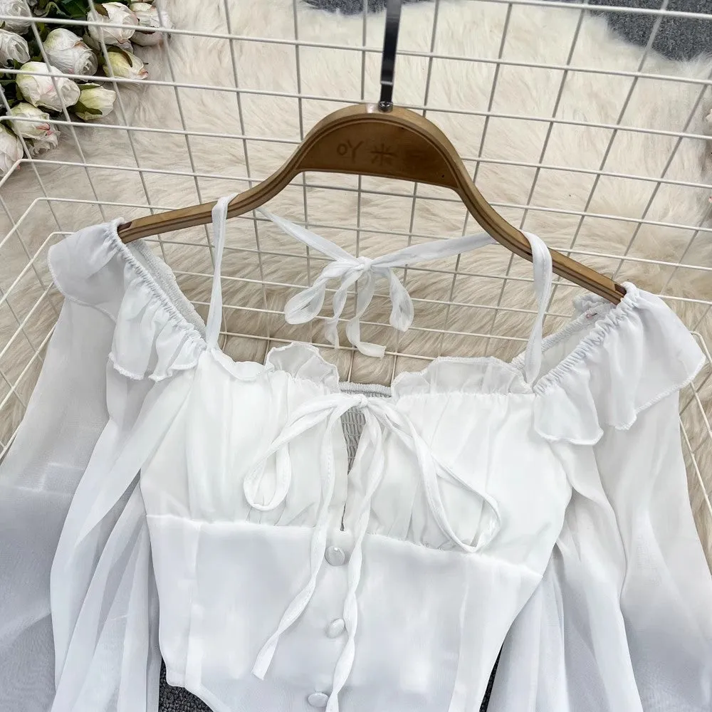 off-shoulder halterneck bell-sleeved shirt for women, fashionabl irregular short top    S4131