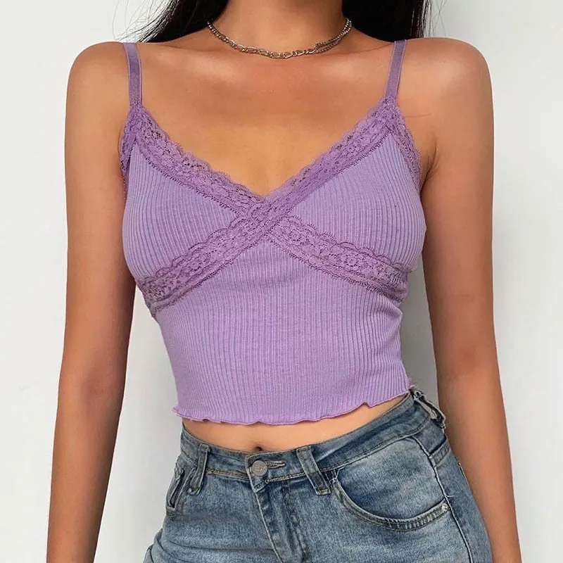 Patchwork Lace Edge Summer Tops For Women Sexy V Neck Slim Rave Streetwear Cute Home Fashion Leisure Bralette Crop Tops