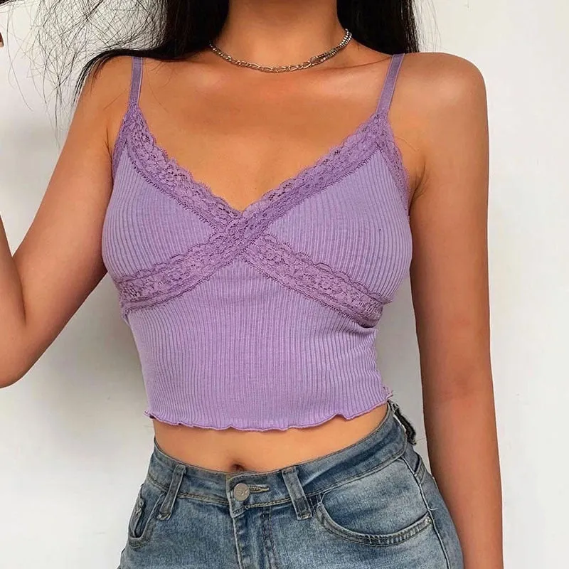 Patchwork Lace Edge Summer Tops For Women Sexy V Neck Slim Rave Streetwear Cute Home Fashion Leisure Bralette Crop Tops