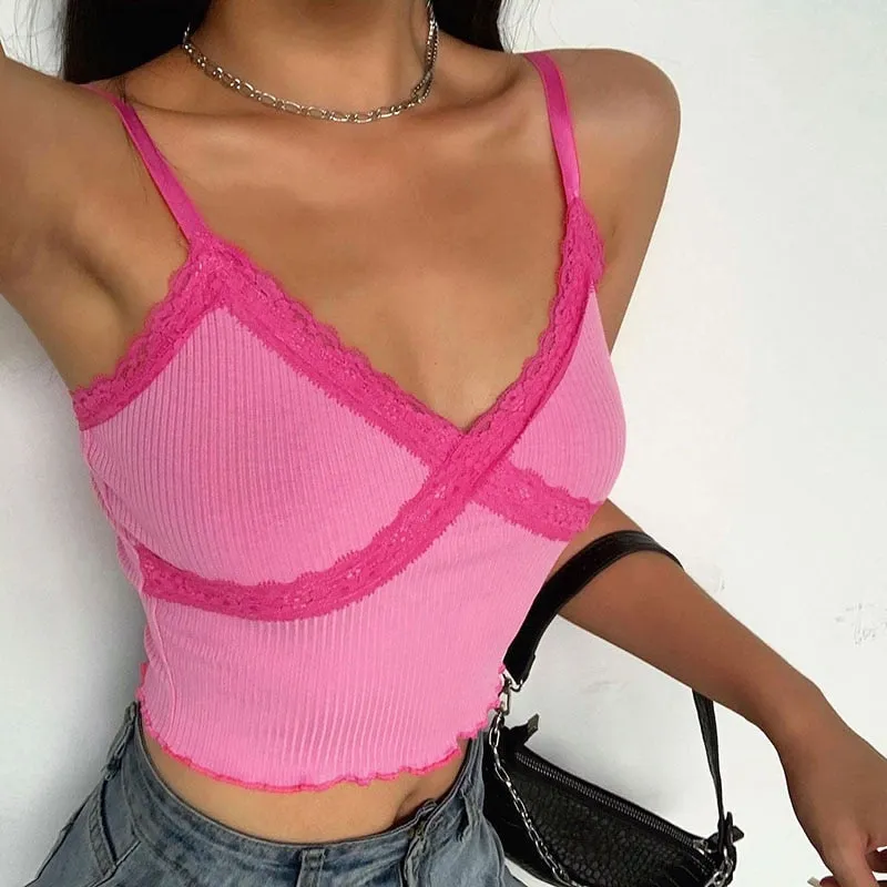 Patchwork Lace Edge Summer Tops For Women Sexy V Neck Slim Rave Streetwear Cute Home Fashion Leisure Bralette Crop Tops