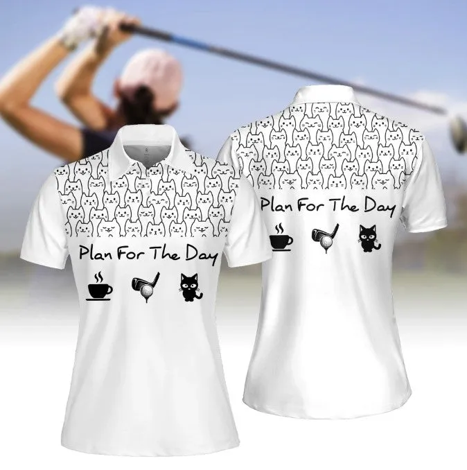 Plan For The Day Coffee, Golf And Cat Women Short Sleeve Polo Shirt, Short Sleeve Polo Shirt For Women