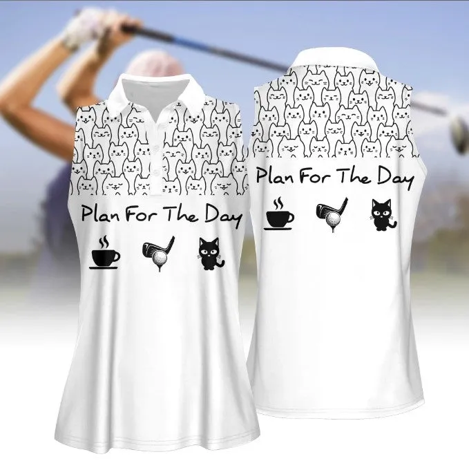 Plan For The Day Coffee, Golf And Cat Women Short Sleeve Polo Shirt, Short Sleeve Polo Shirt For Women