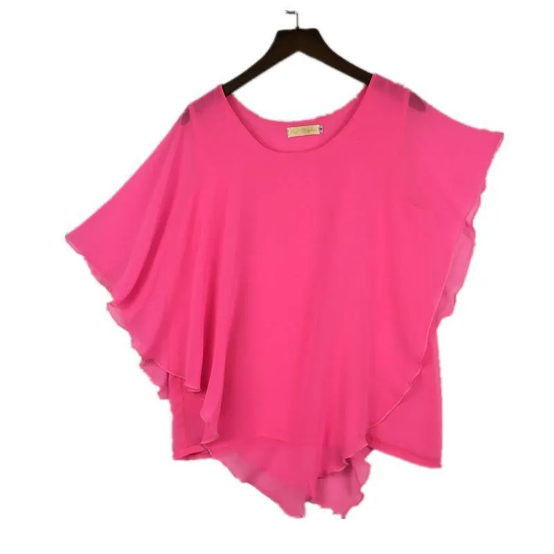 Plus Size - 16 Color Plus size Ladies Chiffon Blouses ,Batwing sleeve tops shirts women asymmetric shirts (US 6-24W)