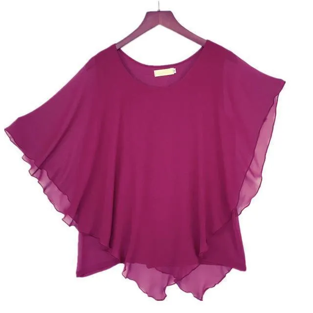 Plus Size - 16 Color Plus size Ladies Chiffon Blouses ,Batwing sleeve tops shirts women asymmetric shirts (US 6-24W)