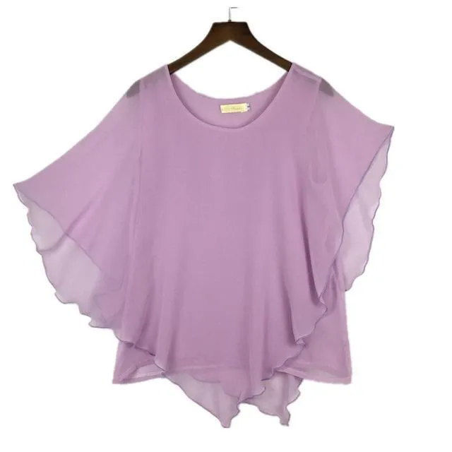 Plus Size - 16 Color Plus size Ladies Chiffon Blouses ,Batwing sleeve tops shirts women asymmetric shirts (US 6-24W)