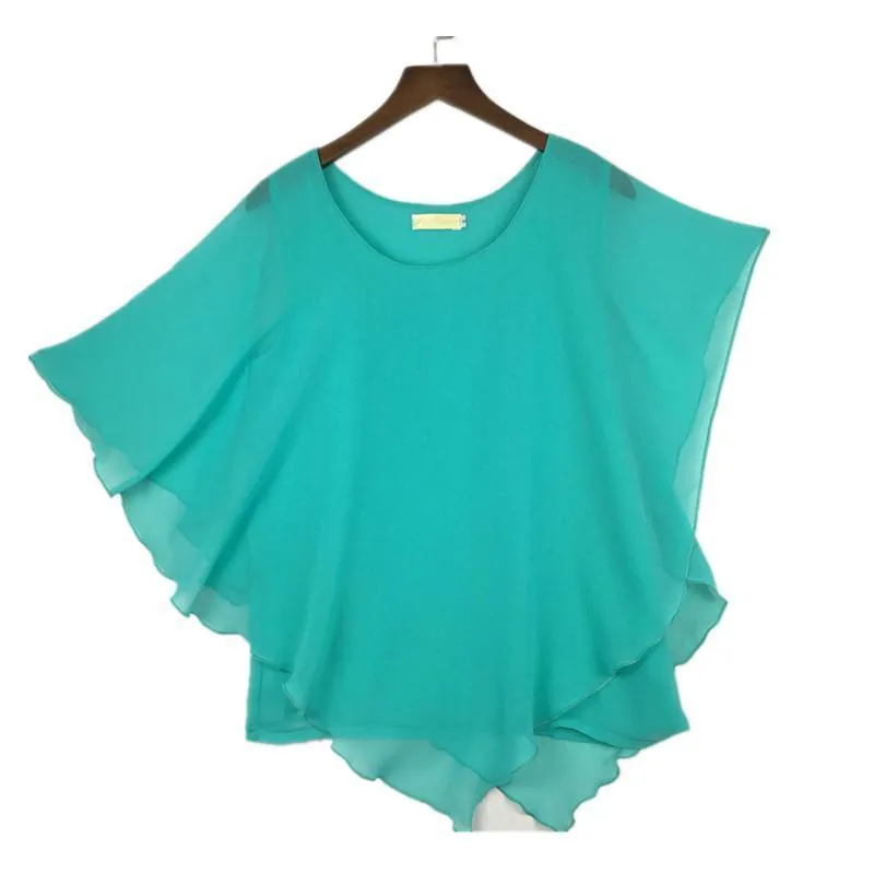 Plus Size - 16 Color Plus size Ladies Chiffon Blouses ,Batwing sleeve tops shirts women asymmetric shirts (US 6-24W)