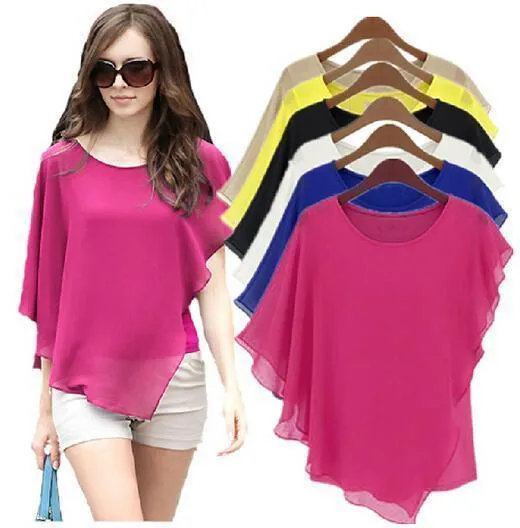 Plus Size - 16 Color Plus size Ladies Chiffon Blouses ,Batwing sleeve tops shirts women asymmetric shirts (US 6-24W)