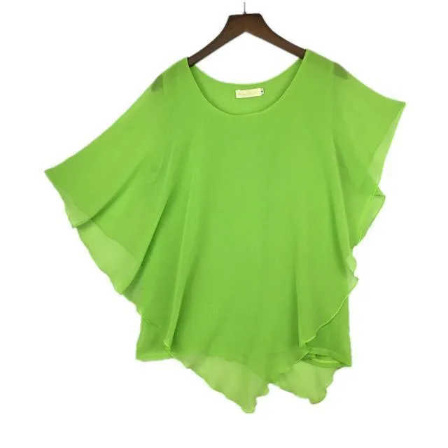 Plus Size - 16 Color Plus size Ladies Chiffon Blouses ,Batwing sleeve tops shirts women asymmetric shirts (US 6-24W)