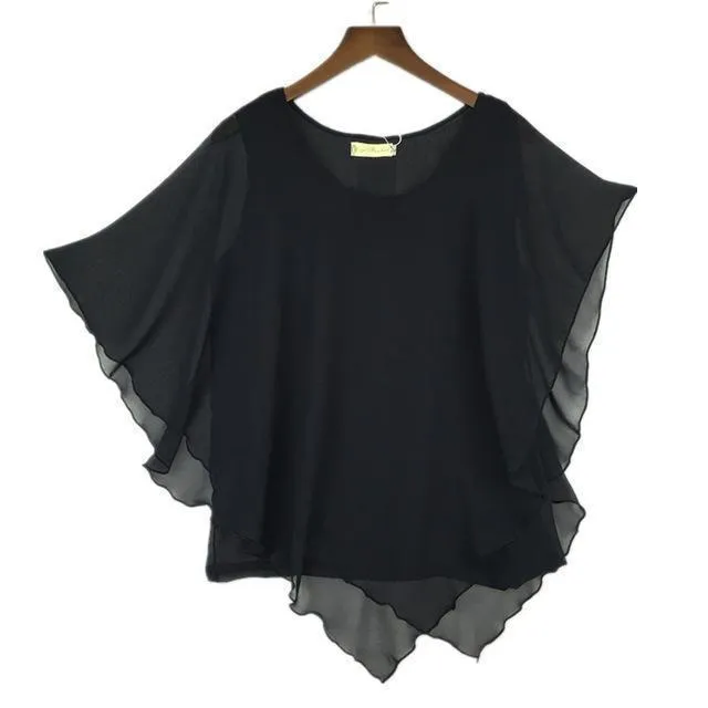 Plus Size - 16 Color Plus size Ladies Chiffon Blouses ,Batwing sleeve tops shirts women asymmetric shirts (US 6-24W)