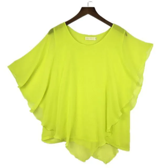 Plus Size - 16 Color Plus size Ladies Chiffon Blouses ,Batwing sleeve tops shirts women asymmetric shirts (US 6-24W)