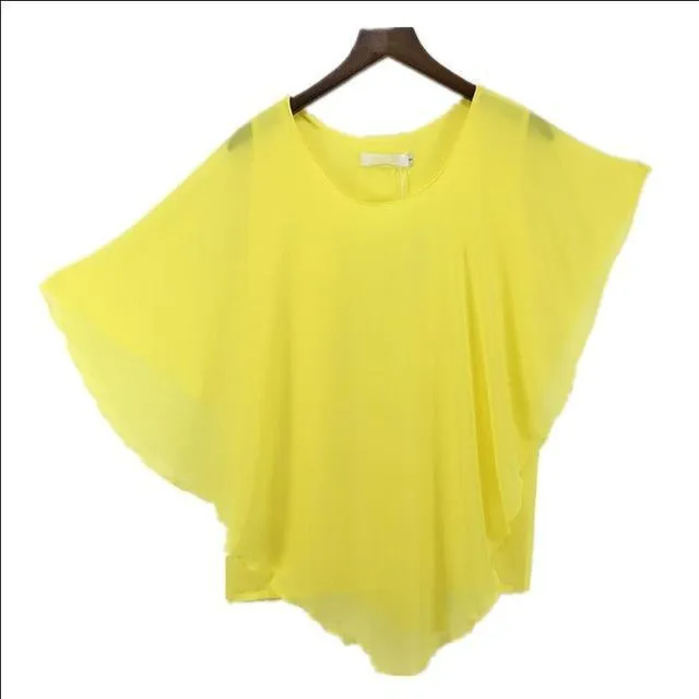 Plus Size - 16 Color Plus size Ladies Chiffon Blouses ,Batwing sleeve tops shirts women asymmetric shirts (US 6-24W)