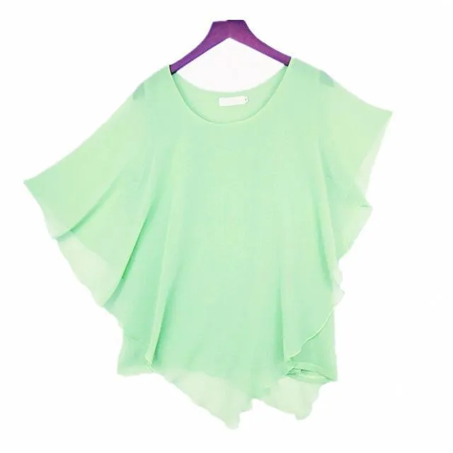 Plus Size - 16 Color Plus size Ladies Chiffon Blouses ,Batwing sleeve tops shirts women asymmetric shirts (US 6-24W)