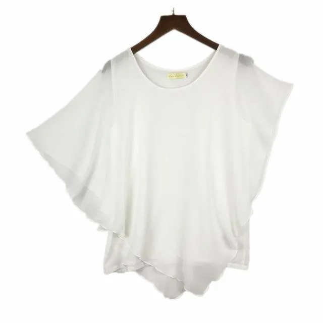 Plus Size - 16 Color Plus size Ladies Chiffon Blouses ,Batwing sleeve tops shirts women asymmetric shirts (US 6-24W)