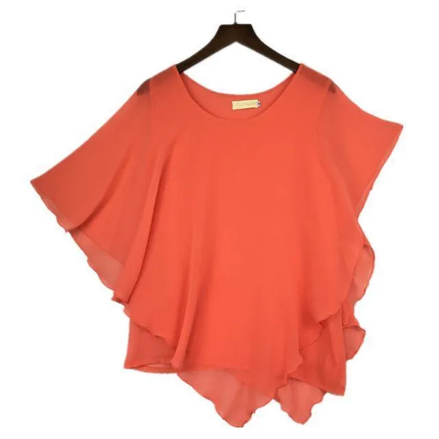 Plus Size - 16 Color Plus size Ladies Chiffon Blouses ,Batwing sleeve tops shirts women asymmetric shirts (US 6-24W)