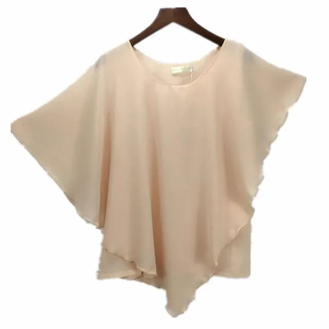 Plus Size - 16 Color Plus size Ladies Chiffon Blouses ,Batwing sleeve tops shirts women asymmetric shirts (US 6-24W)