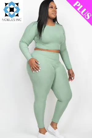 Plus Size Ribbed Long Sleeve Crop Top & Leggings Set (CAPELLA)