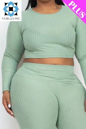 Plus Size Ribbed Long Sleeve Crop Top & Leggings Set (CAPELLA)