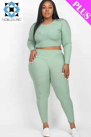 Plus Size Ribbed Long Sleeve Crop Top & Leggings Set (CAPELLA)