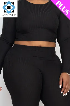 Plus Size Ribbed Long Sleeve Crop Top & Leggings Set (CAPELLA)