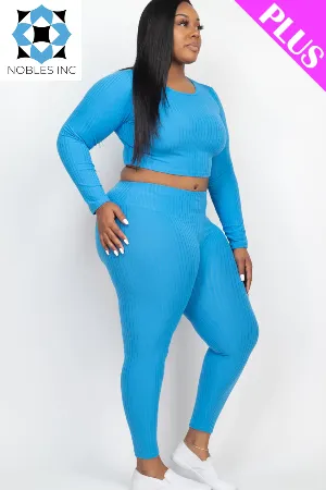 Plus Size Ribbed Long Sleeve Crop Top & Leggings Set (CAPELLA)