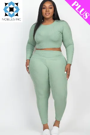 Plus Size Ribbed Long Sleeve Crop Top & Leggings Set (CAPELLA)