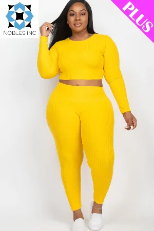 Plus Size Ribbed Long Sleeve Crop Top & Leggings Set (CAPELLA)