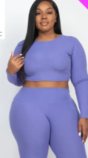 Plus Size Ribbed Long Sleeve Crop Top & Leggings Set (CAPELLA)