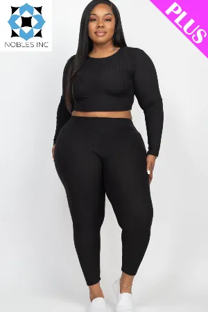 Plus Size Ribbed Long Sleeve Crop Top & Leggings Set (CAPELLA)