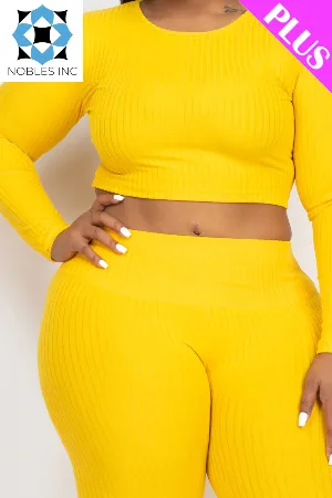 Plus Size Ribbed Long Sleeve Crop Top & Leggings Set (CAPELLA)