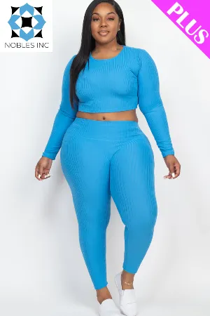 Plus Size Ribbed Long Sleeve Crop Top & Leggings Set (CAPELLA)