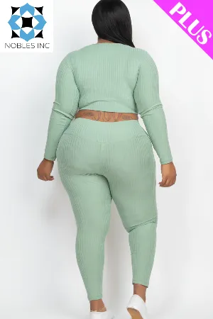 Plus Size Ribbed Long Sleeve Crop Top & Leggings Set (CAPELLA)