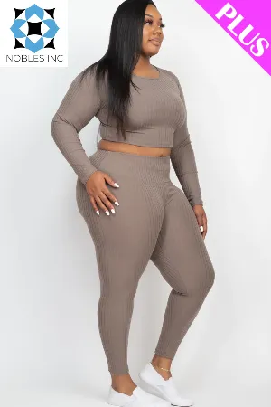 Plus Size Ribbed Long Sleeve Crop Top & Leggings Set (CAPELLA)