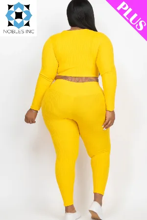 Plus Size Ribbed Long Sleeve Crop Top & Leggings Set (CAPELLA)