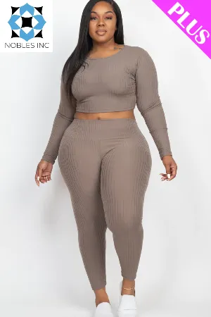 Plus Size Ribbed Long Sleeve Crop Top & Leggings Set (CAPELLA)