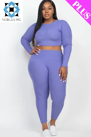 Plus Size Ribbed Long Sleeve Crop Top & Leggings Set (CAPELLA)