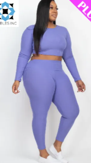 Plus Size Ribbed Long Sleeve Crop Top & Leggings Set (CAPELLA)