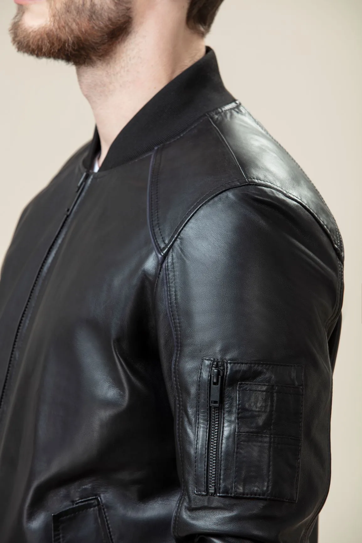 Rib Neck Bomber Leather Jacket