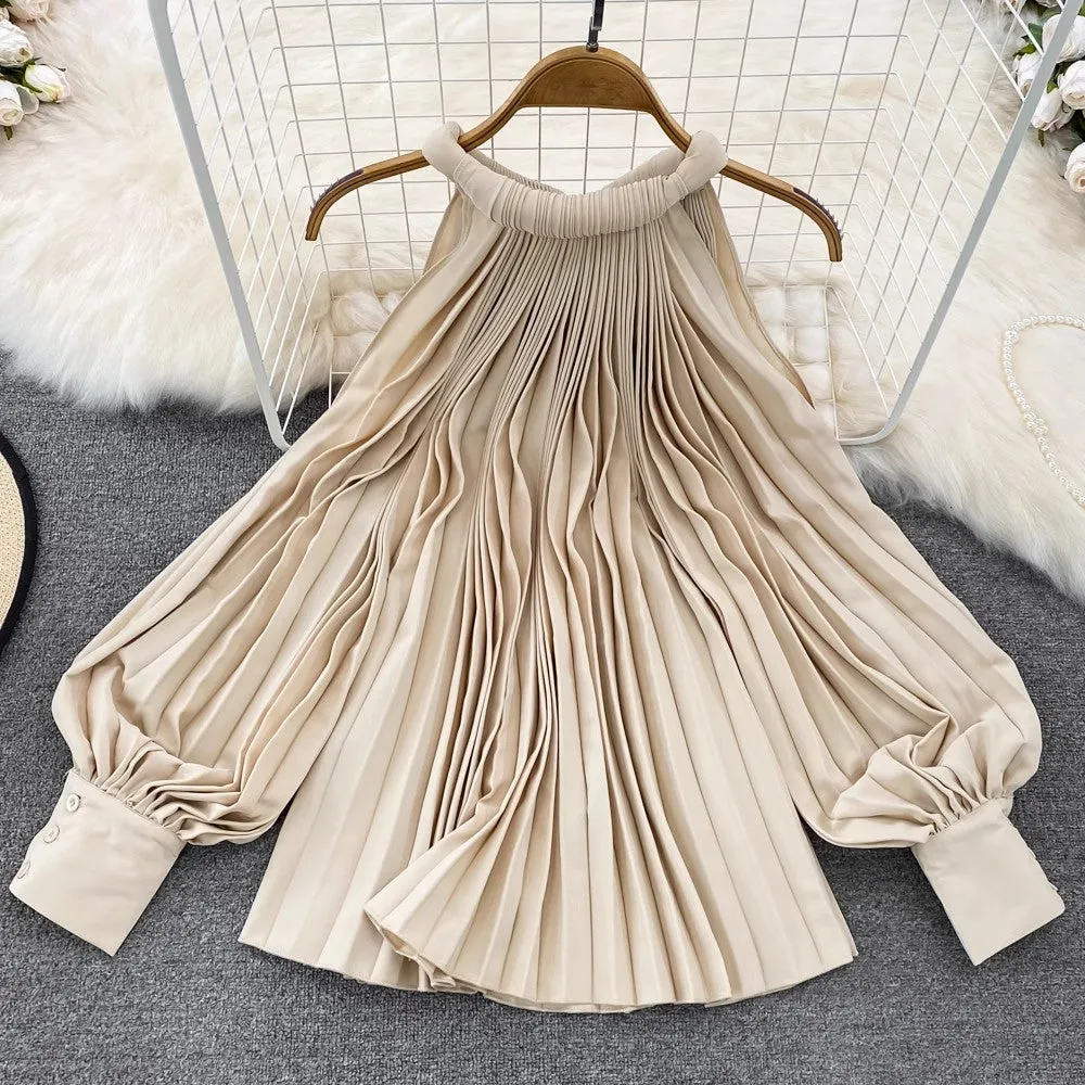 Round Neck Halter Neck Off-Shoulder Lantern Sleeve Pleated Shirt Women's Casual Top    S4125