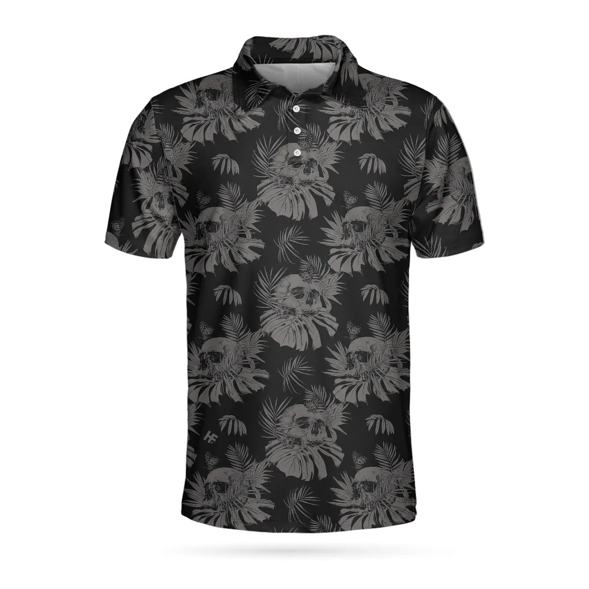 Seamless Skull Goth Polo Shirt, Black Floral Skull Pattern Polo Shirt, Best Gothic Shirt For Men Coolspod