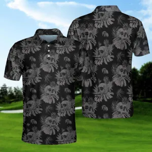 Seamless Skull Goth Polo Shirt, Black Floral Skull Pattern Polo Shirt, Best Gothic Shirt For Men Coolspod