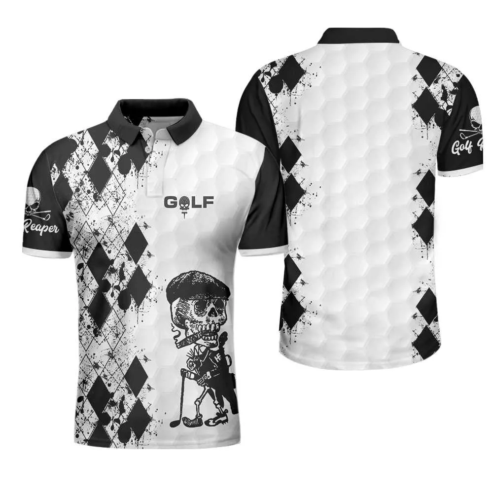 Skull Golf Reaper Polo Shirt, Black And White Argyle Pattern Polo Shirt, Best Golf Shirt For Men Coolspod