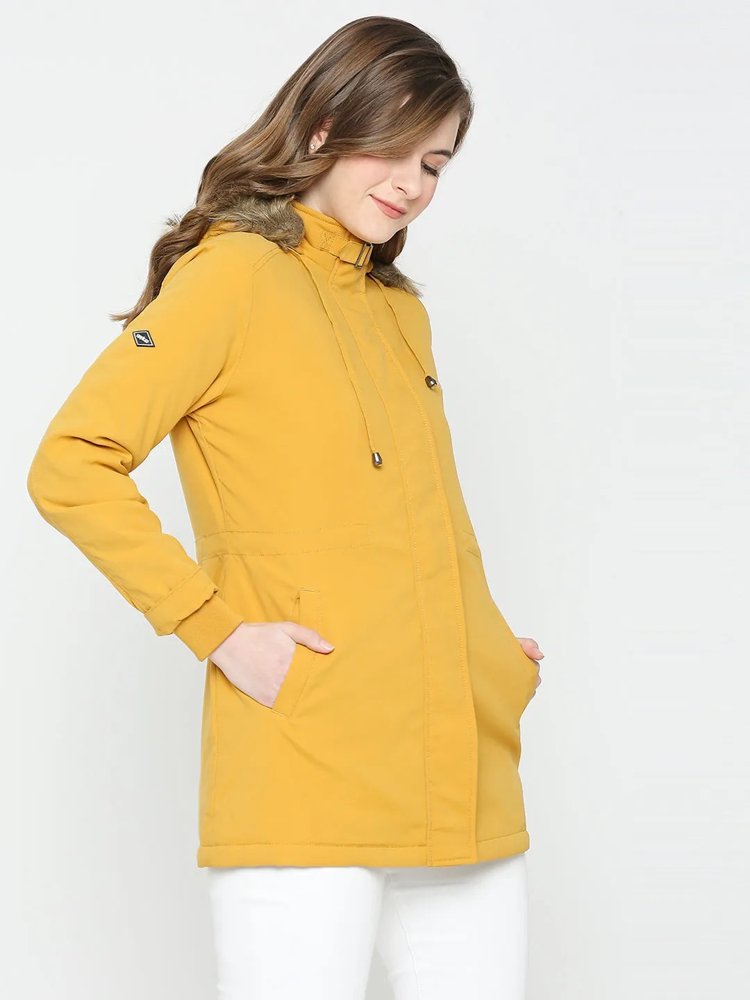 Spykar Women Mustard Nylon Slim Fit Hooded Jacket