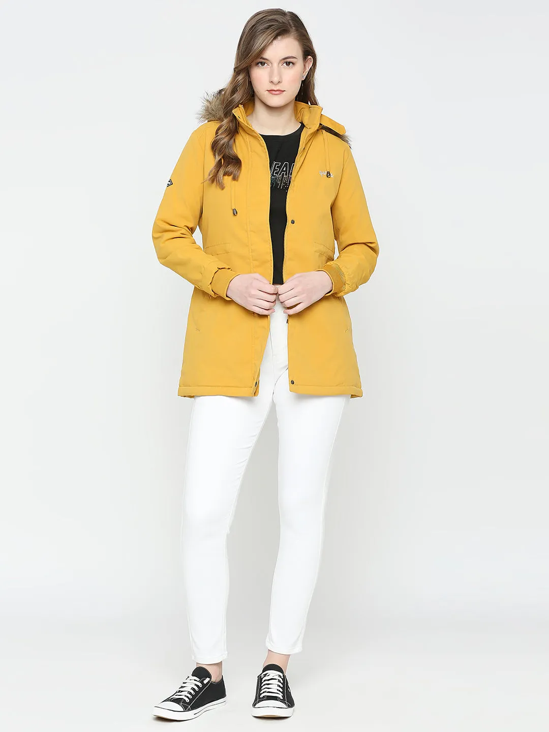 Spykar Women Mustard Nylon Slim Fit Hooded Jacket