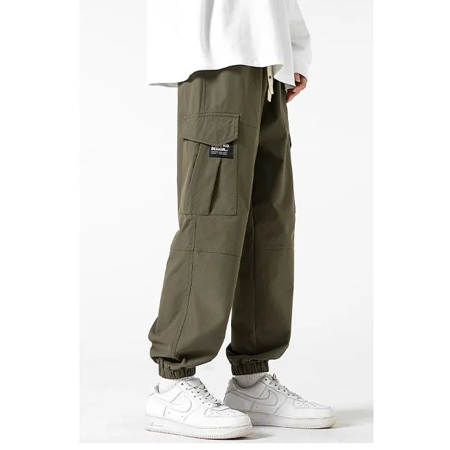 Street Style Elasticity Solid Color Loose Fit Bellows Pocket Tapered Pants