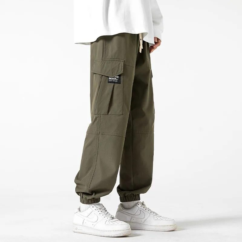 Street Style Elasticity Solid Color Loose Fit Bellows Pocket Tapered Pants