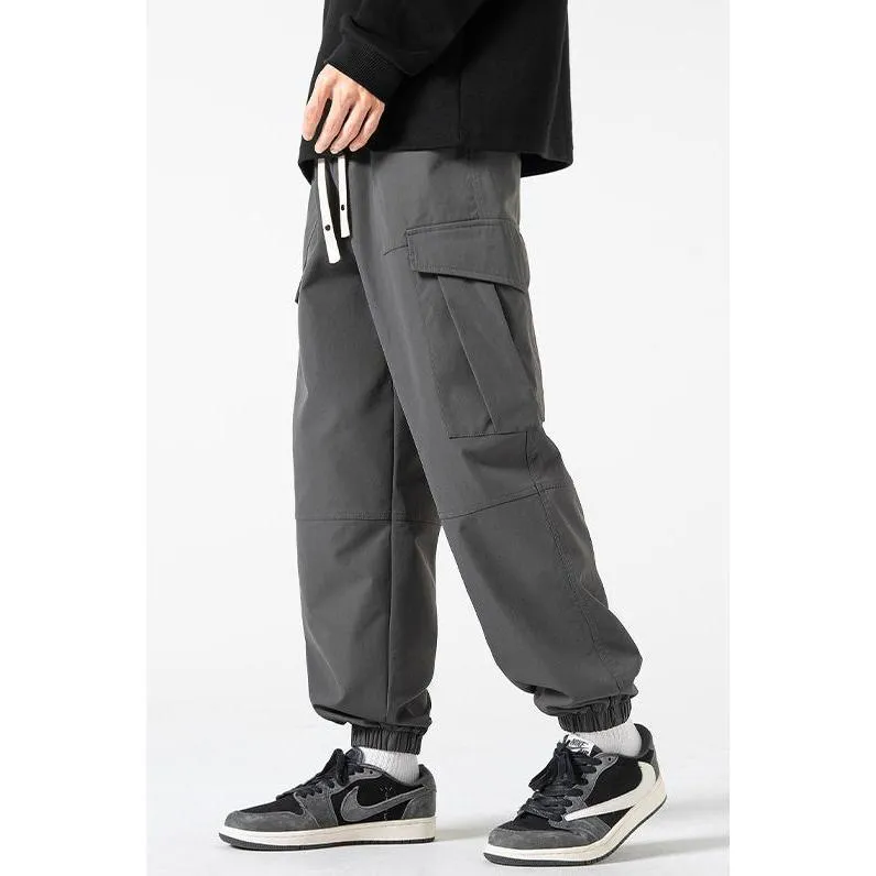 Street Style Elasticity Solid Color Loose Fit Bellows Pocket Tapered Pants