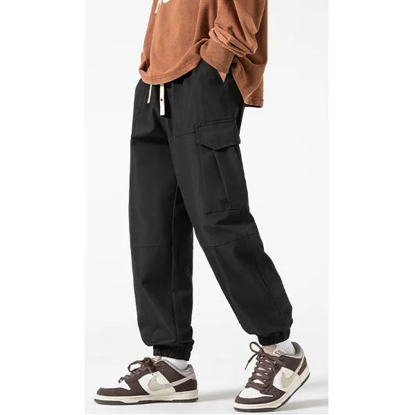 Street Style Elasticity Solid Color Loose Fit Bellows Pocket Tapered Pants